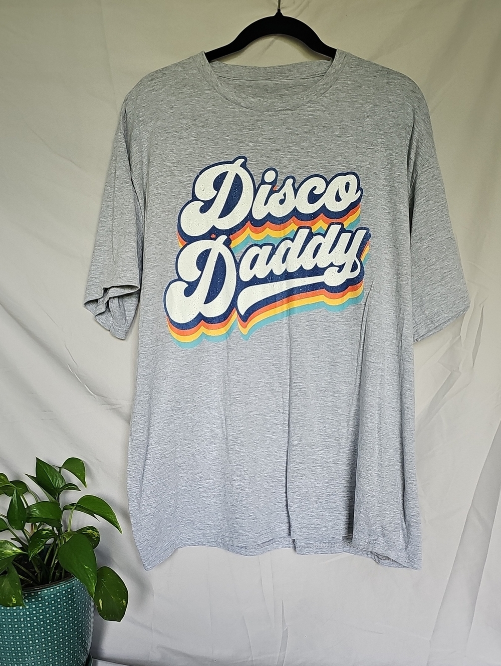 Disco Daddy Graphic Tee - Light Gray with Retro Rainbow Script